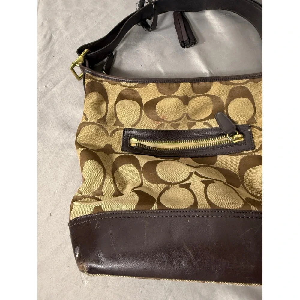 Coach Signature Jacquard Canvas Hobo Bag Brown Leather Trim Tassel Hobo Bag